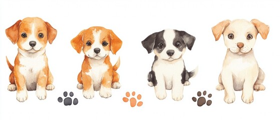 Obraz premium Four puppies are sitting in a row, each with a different color