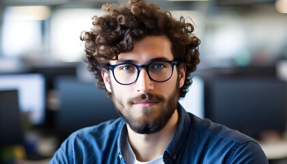 Obraz premium Confident young man with curly hair and glasses posing for the camera in a professional office setting