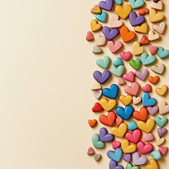 Obraz premium A scattering of 3D rainbow hearts close-up on a beige background with advertising space. Template for a romantic, greeting card, invitation. Illustration for a creative print.