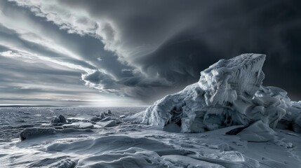 A dramatic view of a high-altitude ice shelf with intricate, fractal ice formations and a rare, intense polar storm brewing on the horizon