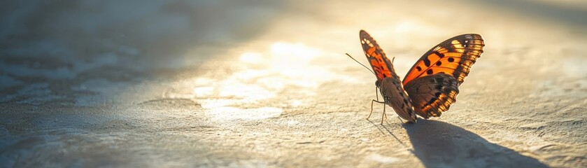 Obraz premium A vibrant orange butterfly rests on a sunlit surface, casting a delicate shadow. Capturing the essence of nature and tranquility.