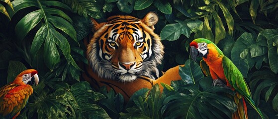 Obraz premium A tiger is in the middle of a jungle with two parrots on either side