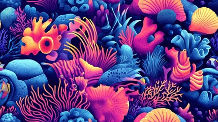 Vibrant coral reef pattern with colorful coral, anemones, and shells.