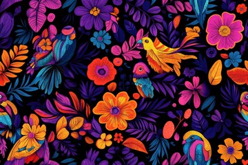 Fototapeta premium Vibrant tropical seamless pattern with colorful birds and flowers on black background.