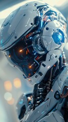 Fototapeta premium A detailed close-up of a robotic head. AI.