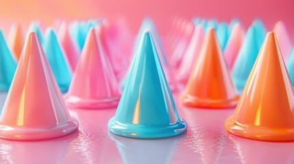 Colorful cones arranged in a pattern. AI.