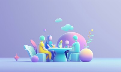 Colorful characters enjoying a meal together. AI.