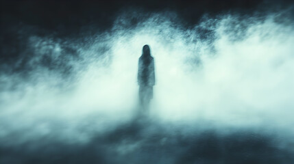 A shadowy figure stands in a dense fog, creating a mysterious and eerie atmosphere.