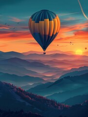 Fototapeta premium Hot air balloon flying over a mountain range at sunset. AI.