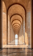 Naklejka premium A long hallway with arches leading to a bright light at the end. AI.