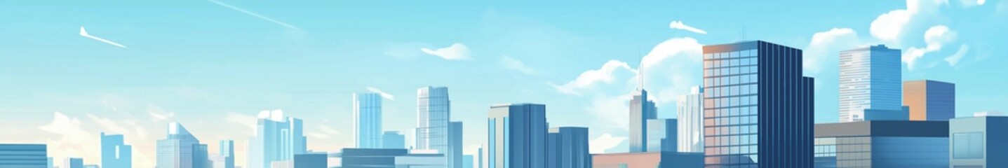 Vector flat cartoon cityscape at sunset, skyscrapers and trees,gradient background,web banner.