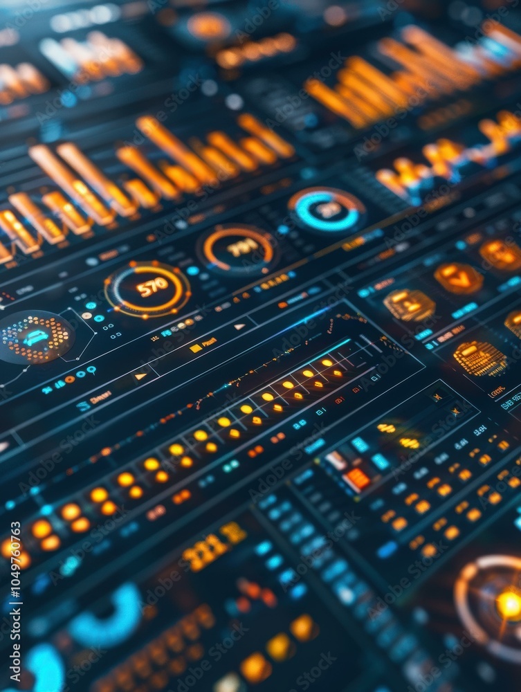 Poster A close-up of a digital display with graphs, charts, and data. AI.