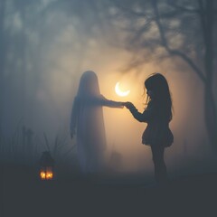 A girl reaches out to a ghostly figure in the fog. AI.