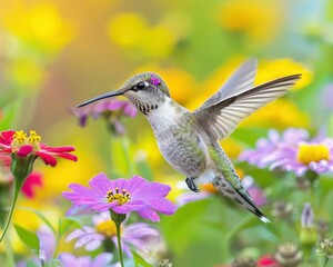 Naklejka premium A hummingbird in flight hovers near colorful flowers. AI.