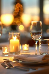 A table with a candle lit and wine glasses on it. AI.