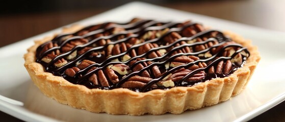 A chocolate pie with nuts on top is sitting on a white plate