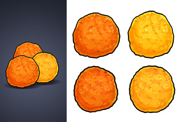 Laddu.An Indian sweet dessert.Orange yellow colored round shaped ball like sweet food.used as a snack.2D cartoon laddu illustration.Game asset.Indian mithai.