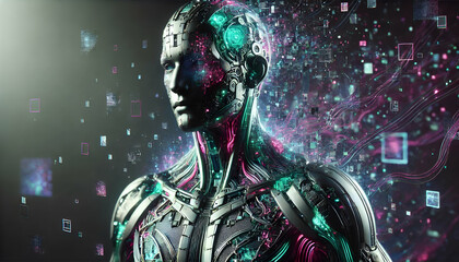 Futuristic AI Humanoid with Digital Glitch Aesthetics in Cybernetic Space"