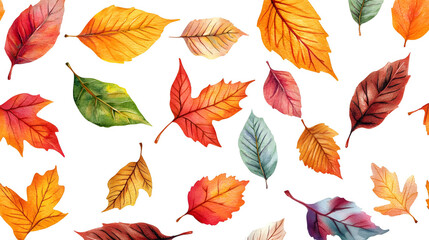 Colorful autumn leaves in a seamless pattern showcasing vibrant reds, oranges, yellows, and browns, capturing the essence of fall foliage and the beauty of nature