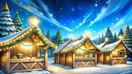 Fototapeta premium Rustic Wooden Market Stalls With Traditional Holiday Decorations In Winter Setting