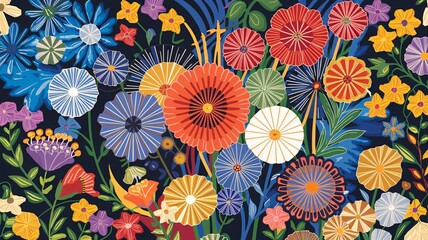 A vibrant and colorful floral design, showcasing a variety of flowers in an intricate, artistic style. 