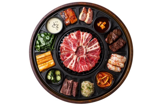 Korean BBQ setup with sizzling meats, dipping sauces, and side dishes like kimchi and pickled vegetables