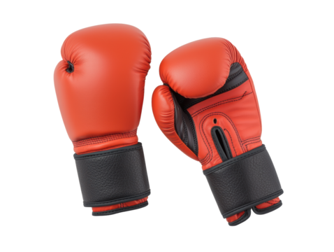 Boxing gloves in vibrant red color with black accents, designed for training and competition. These gloves showcase durability and comfort, ideal for athletes. 