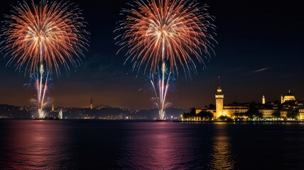 A vibrant fireworks display illuminates the night sky over a city skyline, reflected in the calm waters of a bay.