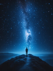 A young man standing on a cliff looking at the stars. A romantic atmosphere.