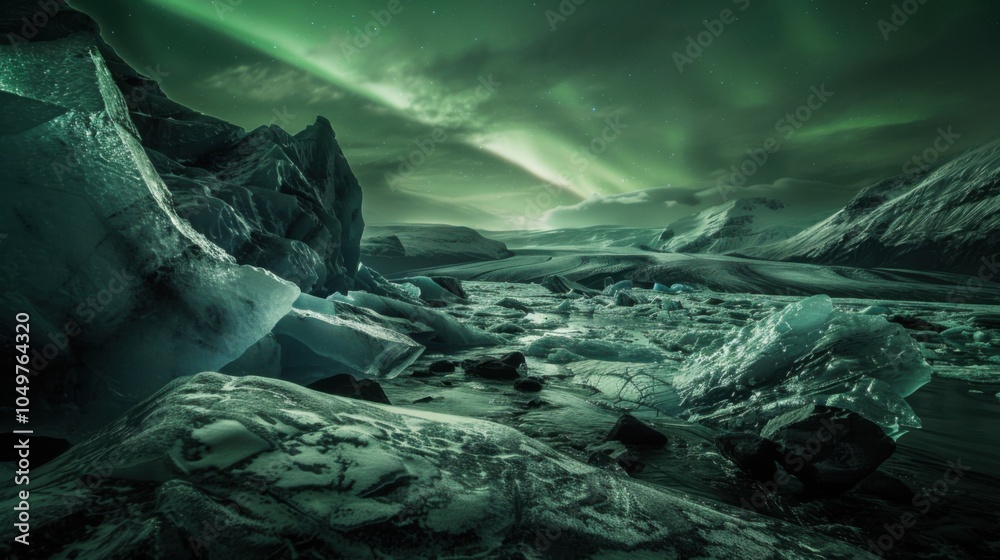Poster a dramatic view of an ice-covered fjord with colossal icebergs and a rare, bright aurora borealis we