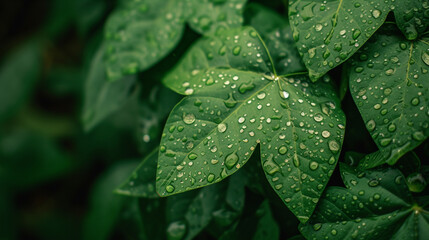 Fototapeta premium A leaf with droplets of water on it, giving it a fresh and vibrant appearance