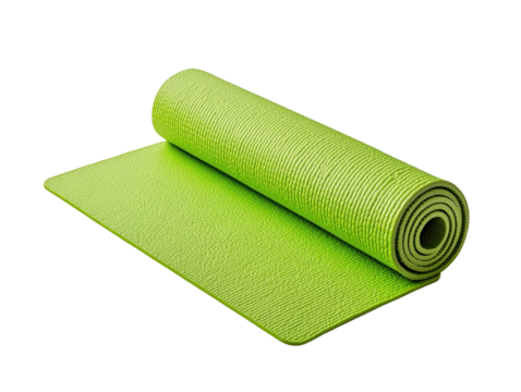 vibrant green yoga mat rolled up, perfect for fitness enthusiasts and yoga practitioners. Its textured surface provides excellent grip and comfort during workouts. 