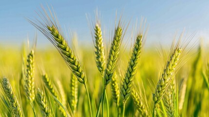 Obraz premium Golden wheat stalks sway gently in the breeze under a clear blue sky, symbolizing abundance and the beauty of nature.