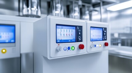 Modern control panel for industrial kitchen equipment with digital displays and buttons in a clean, high-tech environment.