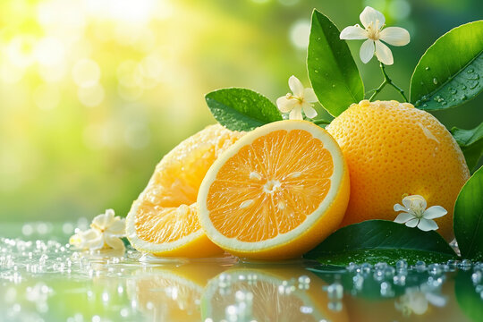 A vibrant, close-up photograph of a slice of orange with a green leaf and a white flower, set against a blurred, sunlit background