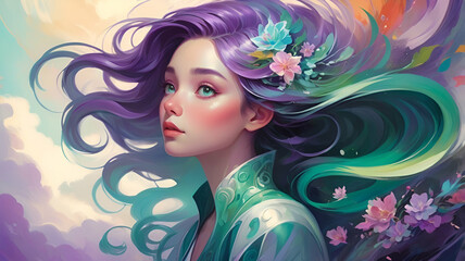 Ethereal Floral Goddess with Flowing Hair