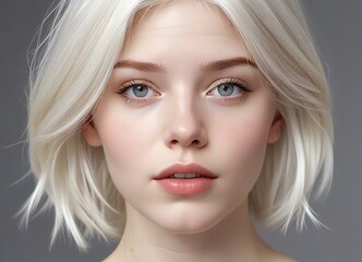 Naklejka premium A portrait of a young woman with pale skin and striking white hair that partially covers one of her eyes