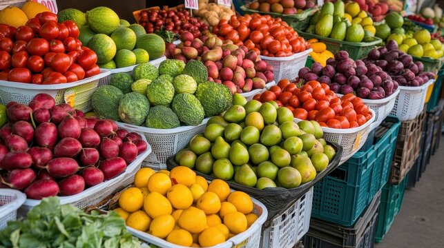 Vibrant display of fresh fruits at a market, showcasing a colorful variety of apples, lemons, avocados, and much more.