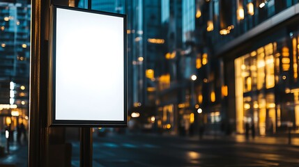  Front view of a white, blank, empty advertising poster mockup on a street light pole in the city design, with a blurred modern office building background design and natural lighting design 