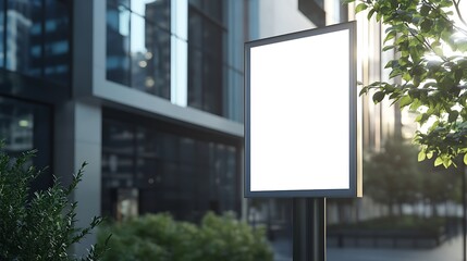 Fototapeta premium Front view of a white, blank, empty advertising poster mockup on a street light pole in the city design, with a blurred modern office building background design and natural lighting design 