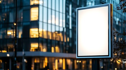  Front view of a white, blank, empty advertising poster mockup on a street light pole in the city design, with a blurred modern office building background design and natural lighting design 