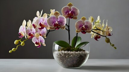 Phalaenopsis orchid plant planted in glass pot and root can be seen and located in minimalistic background 