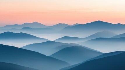 Fototapeta premium Serene mountain landscape with gentle slopes and soft hues at sunrise, capturing the beauty of nature's tranquility and peace.