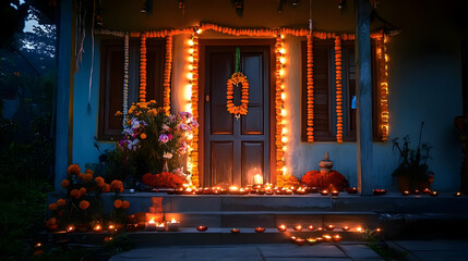 House Decorated with Lights and Flowers for Diwali