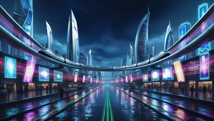Obraz premium A futuristic cityscape featuring a hovering monorail system gliding smoothly above illuminated buildings and digital billboards