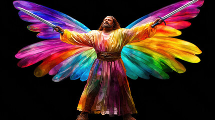 majestic angel with vibrant rainbow wings holds two swords, exuding strength and grace. colorful wings create stunning contrast against dark background, evoking sense of wonder and awe