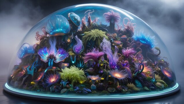 A futuristic bio-dome filled with unique alien plants and fauna under a transparent dome, with vibrant, otherworldly colors.