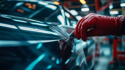 A specialist applies vinyl film on a car during a wrapping process, shown in close-up. 