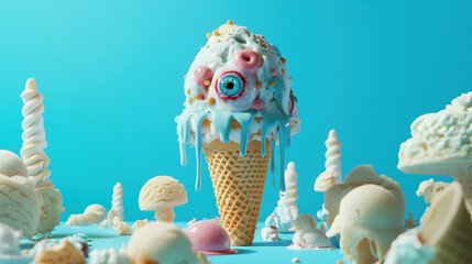 Spooky Monster Eye-Scream on Teal Background.