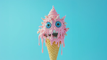 Pink Melting Ice Cream Monster with Blue Eyes and Scary Mouth.